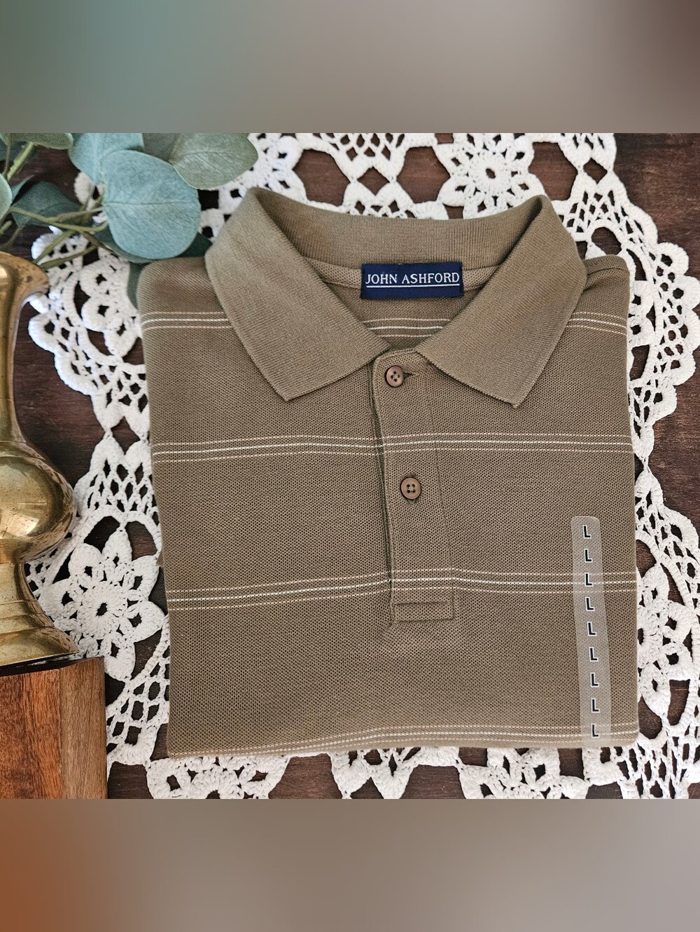 NWOT John Ashford Polo Shirt 100% Cotton Olive Green Size L.